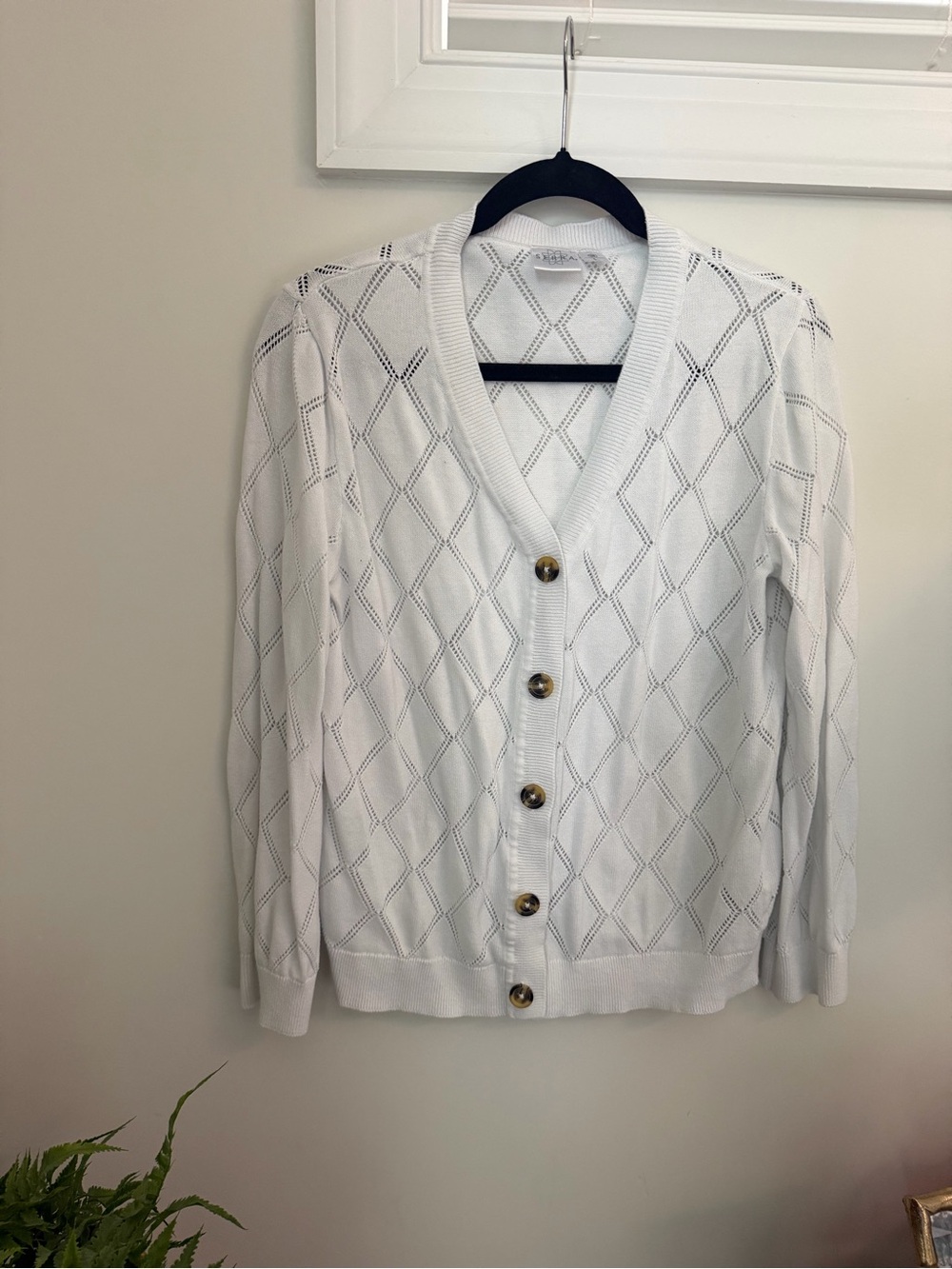 White Open-Knit V-Neck Button Cardigan Sweater